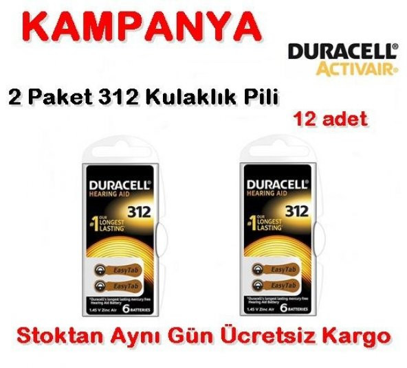 Duracell 312 Numara Pil Kulak İçi İşitme Cihazı Pili 2 Paket-Toplam 12 Adet Pil