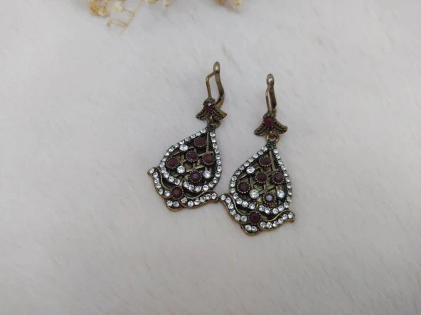 Hdmarketim Otantik Osmanlı Motifli Swarovski Taşlı Işıltılı Hürrem Sultan Eskitme Küpe Bordo