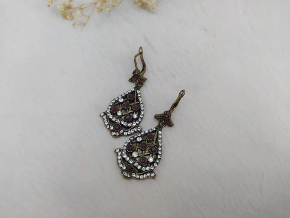 Hdmarketim Otantik Osmanlı Motifli Swarovski Taşlı Işıltılı Hürrem Sultan Eskitme Küpe Bordo - 2
