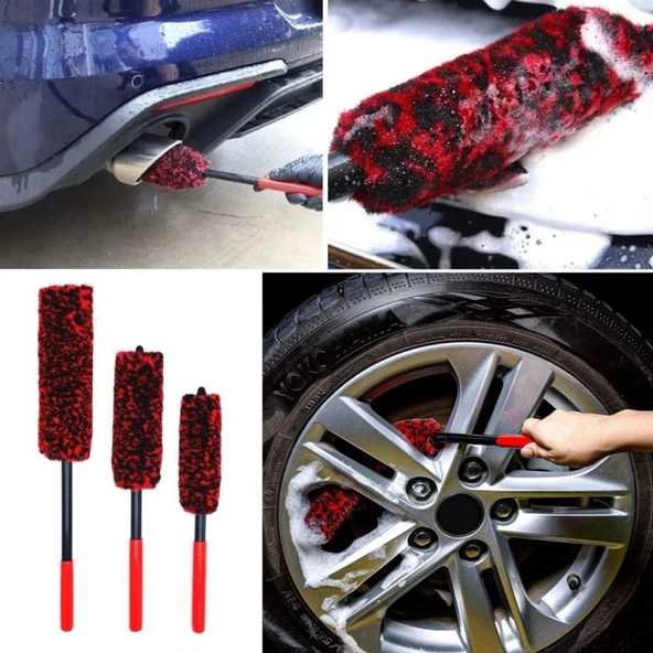 Temizlik Fırçası Ergonomik Sap Oto Jant Egzoz 3 'lü Set Bükülebilen Peluş Detaylı Temizlik Fırçası - 9