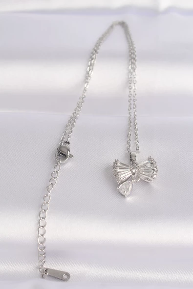 316L Çelik Zincir Gümüş Renk Zirkon Taşlı Kalp Detay Fiyonk Kolye - TJ-BKO8602 - 2