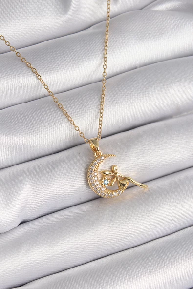 316L Çelik Gold Renk Zincir Zirkon Taşlı Peri Figür Kadın Kolye - TJ-BKO9581 - 1