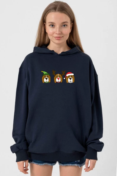 3 Wise Beagles Christmas Lacivert Kadın 3ip Kapşonlu