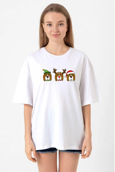 3 Wise Beagles Christmas Beyaz Kadın Oversize Tshirt - Resim 2