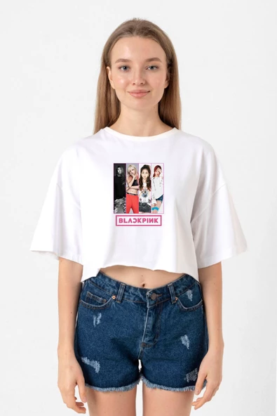 Black Pink Band Beyaz Kadın Crop Tshirt