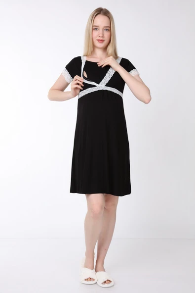 Luvmabelly MYRA9682 Önden Bölmeli Dantelli Hamile Geceliği -Siyah