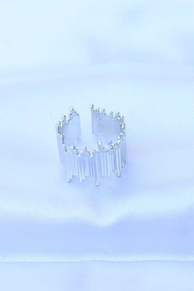 Pirinç Gümüş Renk Ayarlanabilir Kalın Tırtık Yüzük - TJ-BYK3181 - Resim 2