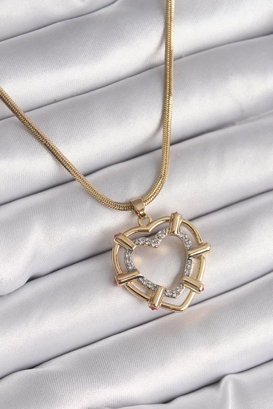 Gold Renk İtalyan Zincir Mix Renk Zirkon Taşlı Kalp Model Kadın Kolye - EBJ241214W29955 ürün görseli