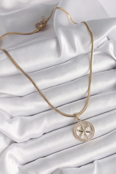 Gold Renk İtalyan Zincir Zirkon Taşlı Kutup Yıldız Model Kadın Kolye - EBJ241214W29949 ürün görseli