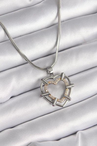Gümüş Renk İtalyan Zincir Mix Renk Zirkon Taş Detay Kalp Model Kadın Kolye - EBJ241214W29954 ürün görseli