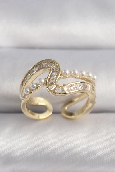 Gold Renk Zirkon Taşlı İnci Detay VIP Seri Kadın Yüzük - EBJ241214W30003 ürün görseli