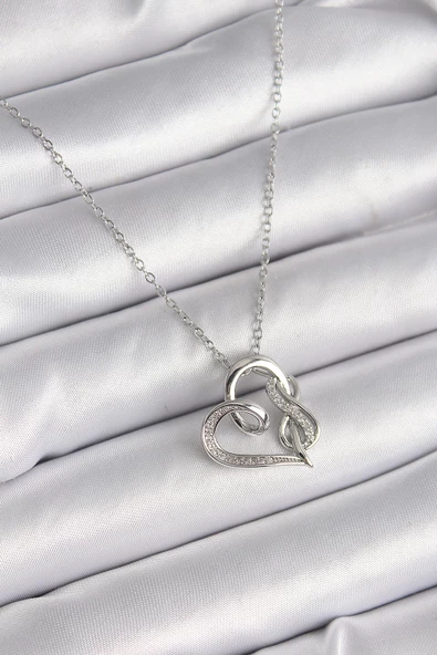 Gümüş Renk Zincir Zirkon Taş Detaylı Kalp Model Sonsuzluk Detay Kadın Kolye - EBJ241214W29938 ürün görseli