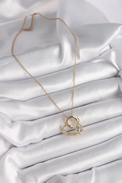 Gold Renk Zincir Zirkon Taş Detaylı Kalp Model Sonsuzluk Detay Kadın Kolye - EBJ241214W29937 - Resim 2