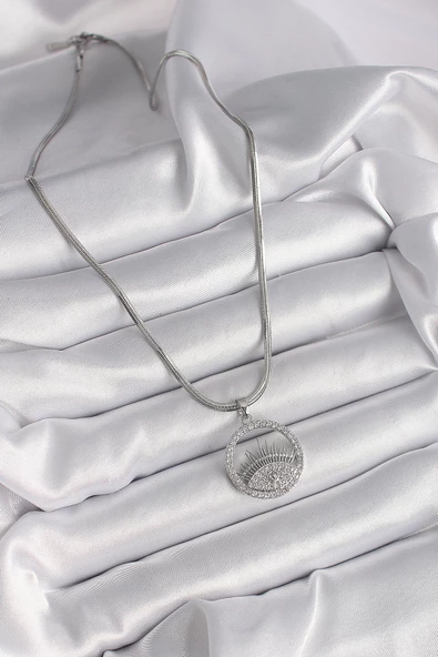 Gümüş Renk İtalyan Zincir Zirkon Taşlı Göz Model Kadın Kolye - EBJ241214W29946 - Resim 2