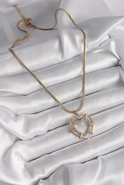 Gold Renk İtalyan Zincir Mix Renk Zirkon Taşlı Kalp Model Kadın Kolye - EBJ241214W29955 - Resim 2