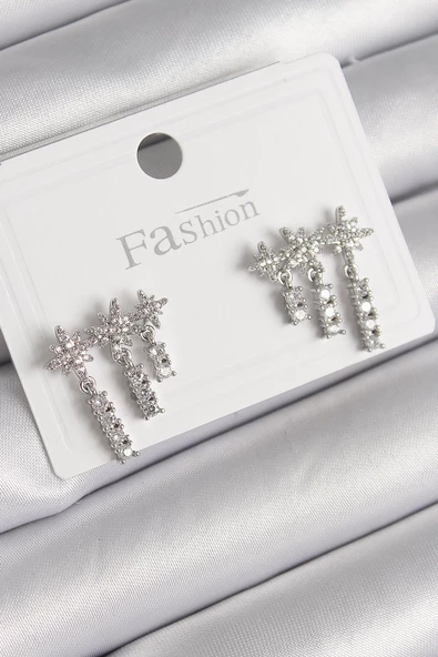 Gümüş Renk Zirkon Taşlı 3'Lü Sallantı Yıldız Model Kadın Küpe - EBJ241214W29882 ürün görseli