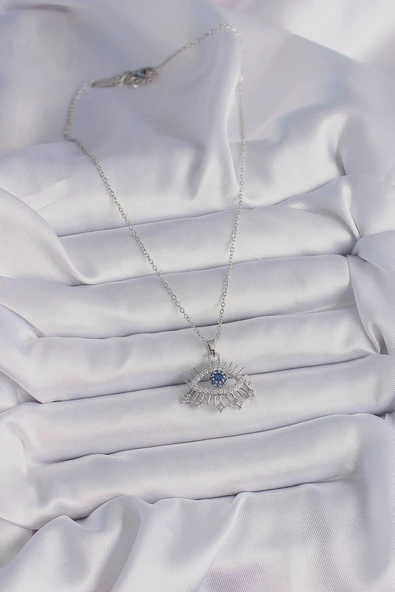 Gümüş Renk Zincir Zirkon Taşlı Göz Model Kadın Kolye - EBJ241214W29856 - Resim 2