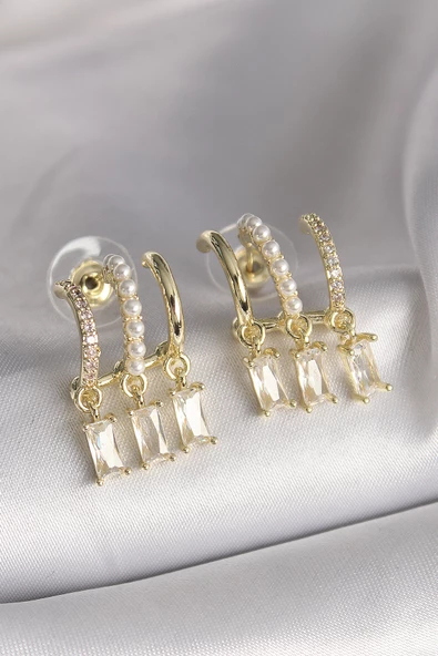 Gold Renk İnci Detay Sallantı Zirkon Taşlı Kadın Küpe - EBJ241214W29909
