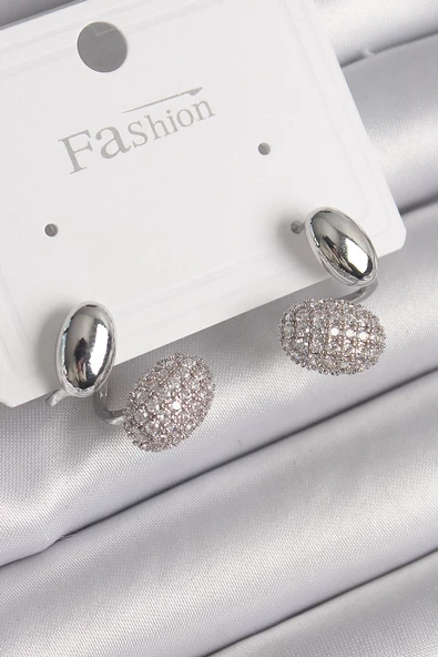 Gümüş Renk Zirkon Taşlı Bombeli Model Kadın Küpe - EBJ241214W29878 ürün görseli