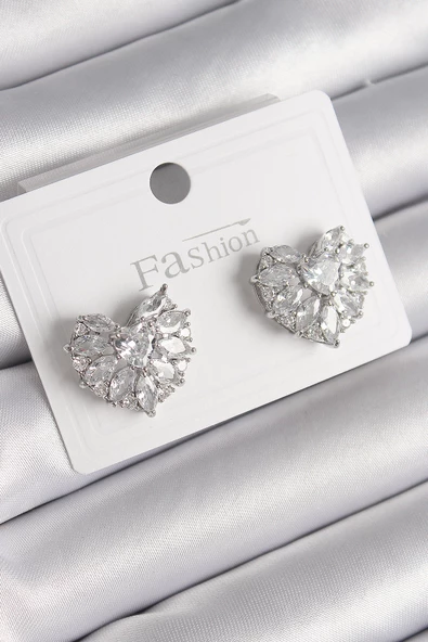 Gümüş Renk Zirkon Taşlı Kalp Model Kadın Küpe - EBJ241214W29874 ürün görseli