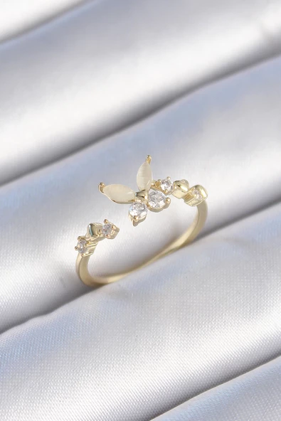 Gold Renk Zirkon Taş Detaylı Beyaz Mineli Kelebek Model Kadın Yüzük - EBJ241214W29747 ürün görseli