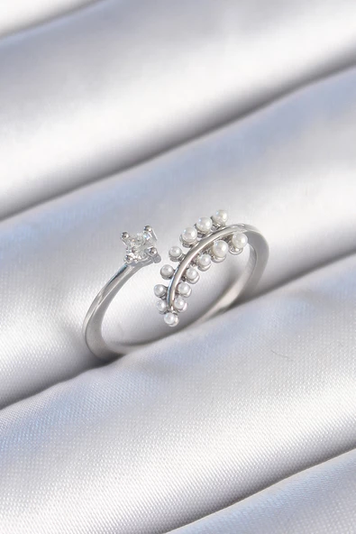 Gümüş Renk Zirkon Taşlı İncili Yaprak Model Kadın Yüzük - EBJ241214W29768 ürün görseli