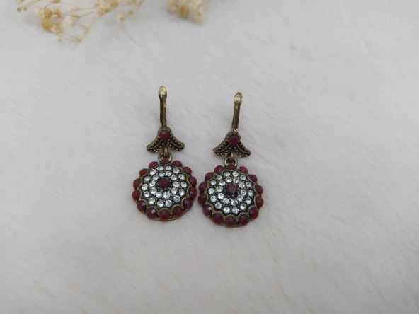 Hdmarketim Otantik Osmanlı Motifli Swarovski Taşlı Işıltılı Hürrem Sultan Eskitme Küpe Bordo - Resim 2