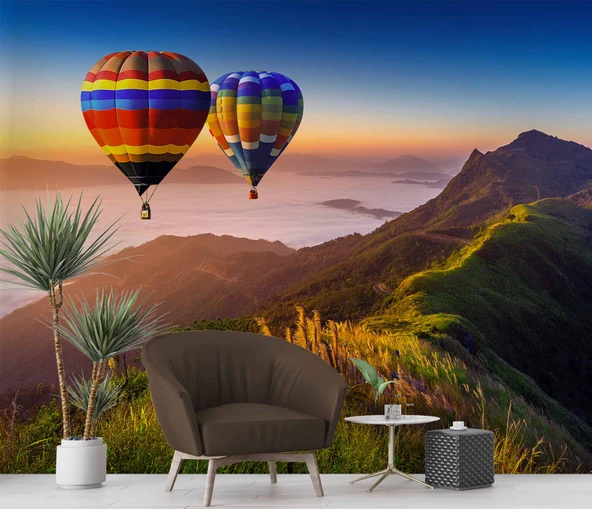 Dağ ve Sıcak Hava Balon Manzaralı Duvar Kağıdı - Resim 6