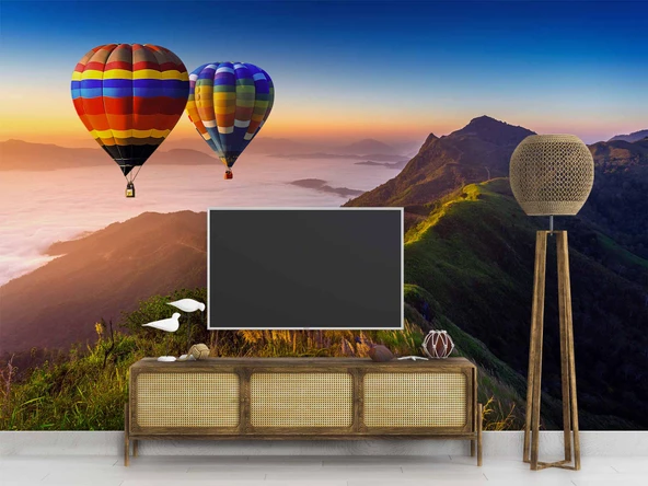Dağ ve Sıcak Hava Balon Manzaralı Duvar Kağıdı - Resim 3