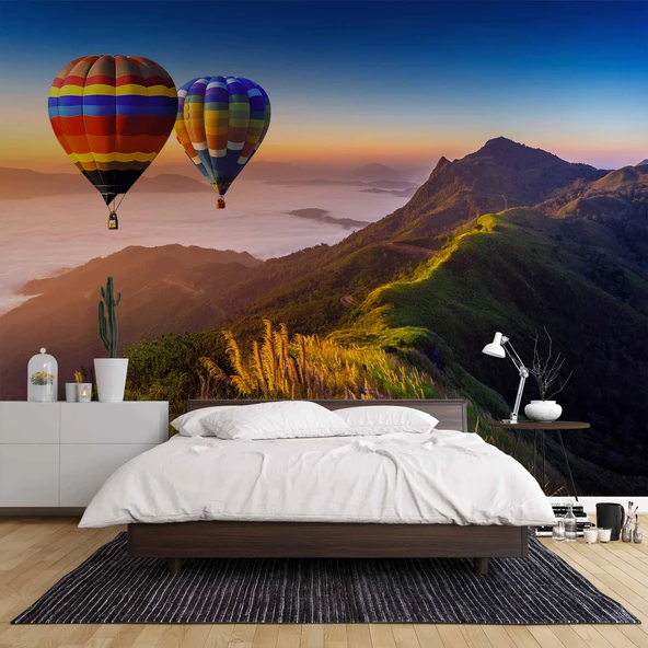Dağ ve Sıcak Hava Balon Manzaralı Duvar Kağıdı - Resim 2