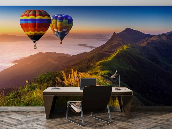 Dağ ve Sıcak Hava Balon Manzaralı Duvar Kağıdı - Resim 4