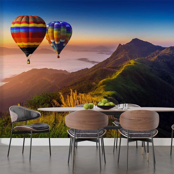Dağ ve Sıcak Hava Balon Manzaralı Duvar Kağıdı - Resim 5