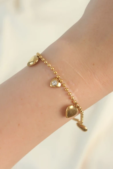 316L Çelik Gold Renk Zirkon Taşlı Kalp Model Bileklik - TJ-BB6098 - Resim 2