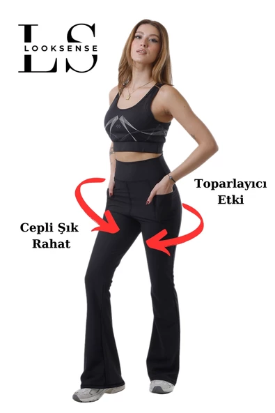 Looksense Kadın Siyah Yüksek Bel Toparlayıcı Çift Cepli Ispanyol Paça Tayt 1003 - 8