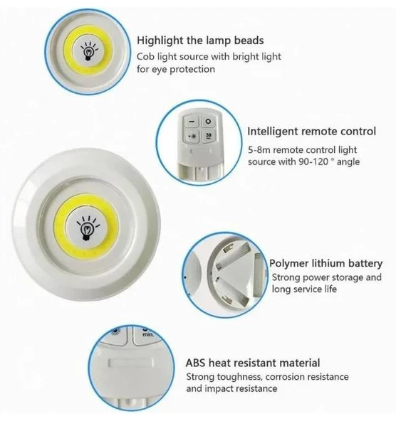WellHise H1COB Uzaktan Kumandalı Tekli Spot Lamba Pilli Dolap Altı Spot - 4