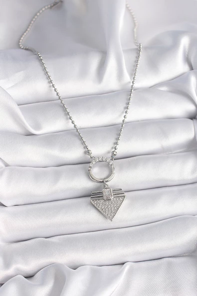 Gümüş Renk Topçuk Zincir Zirkon Taşlı Üçgen Model Kadın Kolye - EBJ241214W29866 - Resim 2