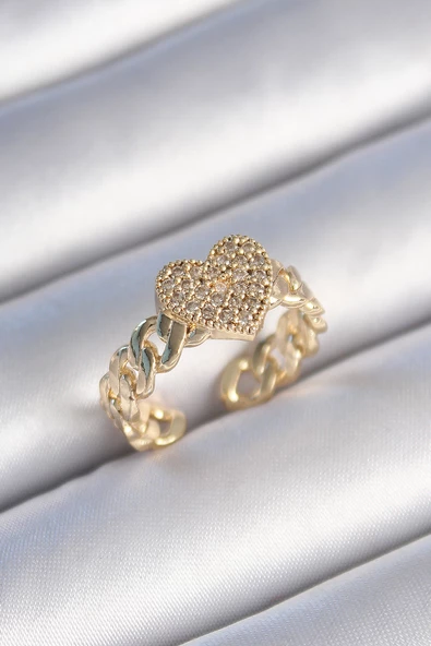 Gold Renk Zincir Kordon Zirkon Taşlı Kalp Model Kadın Yüzük - EBJ241214W29800 ürün görseli