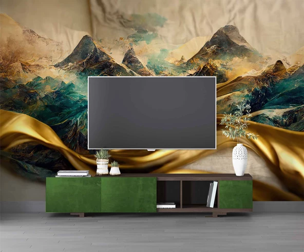 3 Boyutlu Eskitme Dağ ve Suluboya Çizimli Duvar Kağıdı - Resim 3