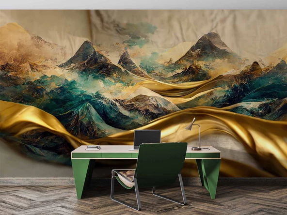 3 Boyutlu Eskitme Dağ ve Suluboya Çizimli Duvar Kağıdı - Resim 4