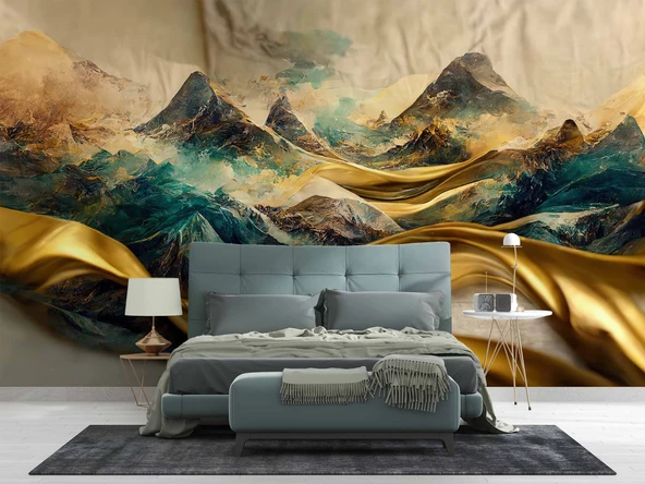 3 Boyutlu Eskitme Dağ ve Suluboya Çizimli Duvar Kağıdı - Resim 2