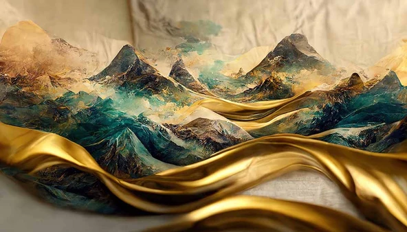 3 Boyutlu Eskitme Dağ ve Suluboya Çizimli Duvar Kağıdı - Resim 7