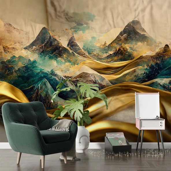 3 Boyutlu Eskitme Dağ ve Suluboya Çizimli Duvar Kağıdı - Resim 6