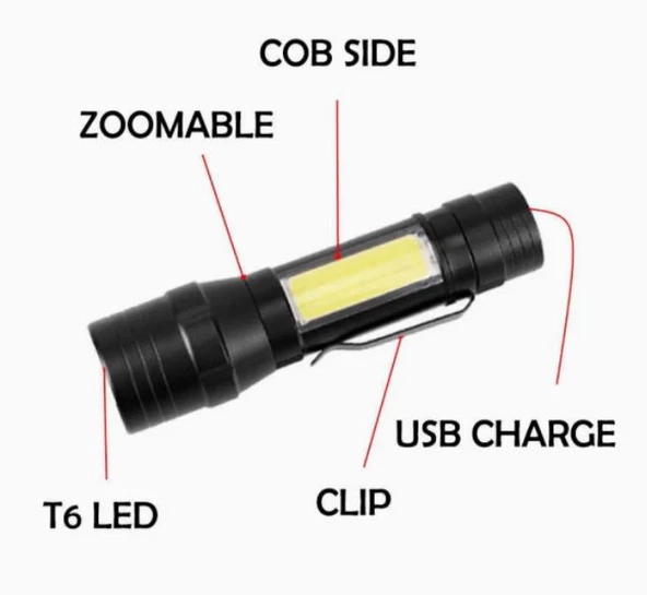 WellHise T6-19 Şarjlı Orta Boy EL Feneri Kamp Yürüyüş Feneri Su Geçirmez - 4