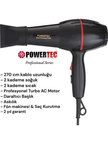 Powertec TR-801 Profesyonel Saç Kurutma & Fön Makinesi - Siyah - 2