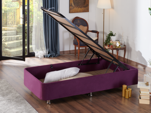 Niron Purple Baza - 90x200 cm Tek Kişilik Sandıklı Mor Kumaş Baza Silinebilir Soho Kumaş