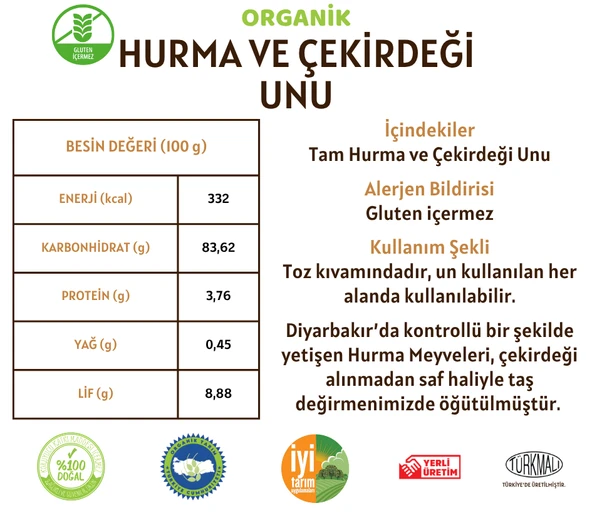 Taş Değirmenden Organik Hurma Çekirdeği Unu (Gluten İçermez) - 300 Gram - Resim 2