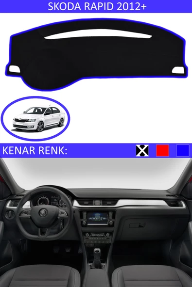 Skoda Rapid 2012+ İçin Uygun Torpido Koruma Halısı Siyah Kenar Renk Mavi