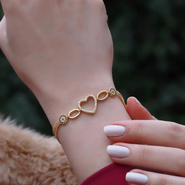 Nazar Boncuklu Kalpli Gold Kaplama Gümüş Bileklik ürün görseli 1