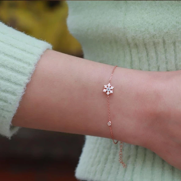 Kar Tanesi Zirkon Taşlı Mine İşli Rose Gold Kaplama Gümüş Bileklik - Resim 2