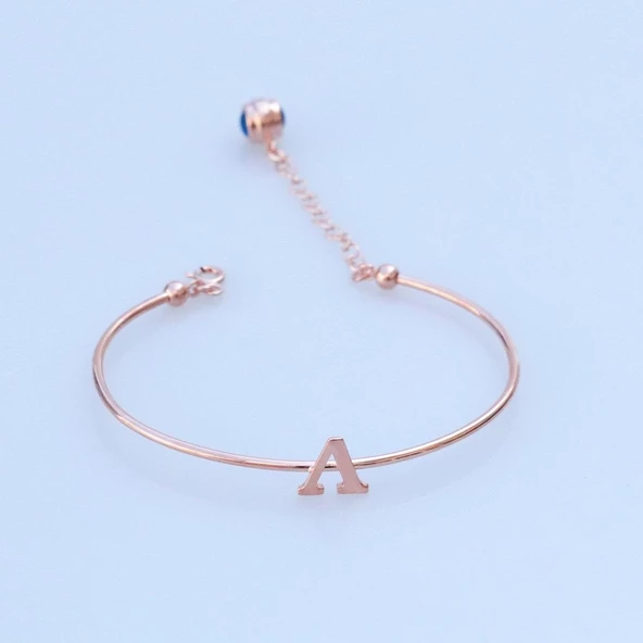 Rose Gold Kaplama Nazar Boncuklu A Harfi Gümüş Bileklik ürün görseli 1